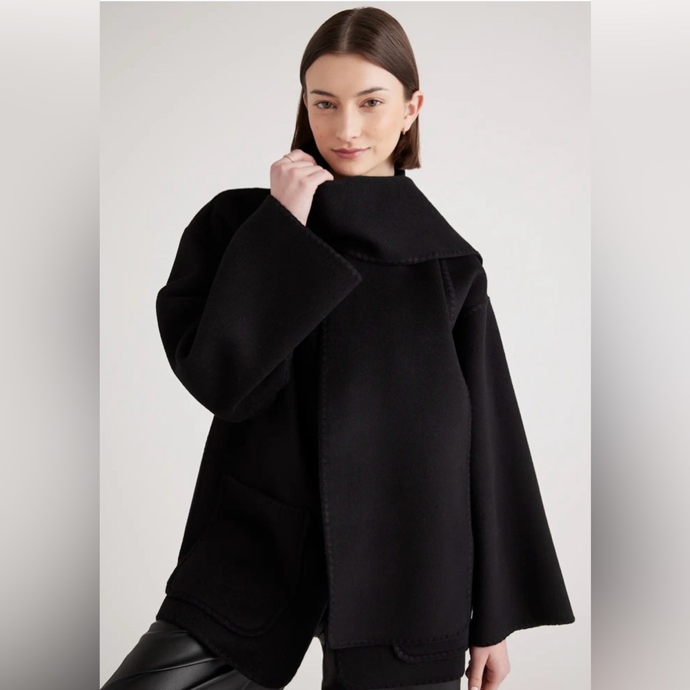 👘 Quince 👘 Double-Faced Merino Wool Scarf Coat Black S - Picture 2 of 16